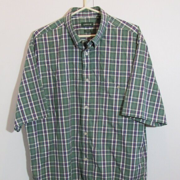 Orvis Mens XLT Cotton Blend Short Sleeve Checks Shirt Green Active Fit NWOT - Picture 2 of 9
